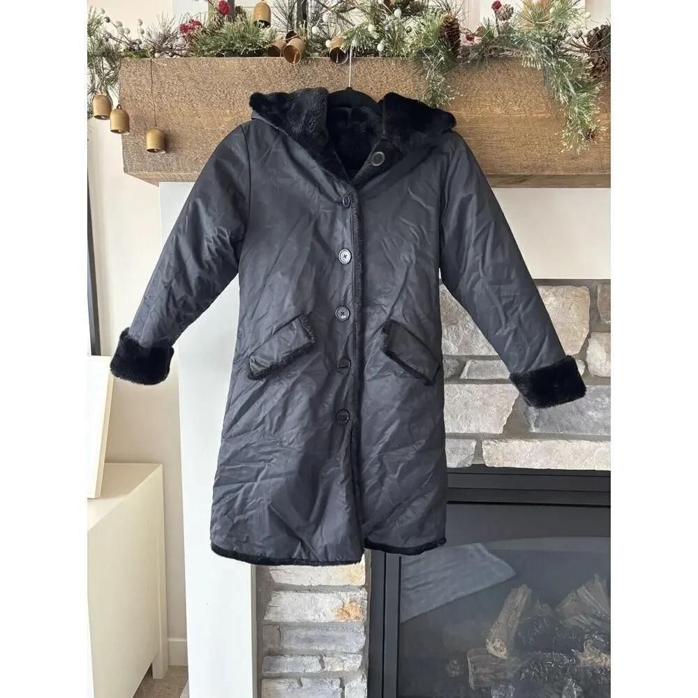 The Children's Place Jacket Girls L 10/12 Black Fur Nylon Hooded Reversible City